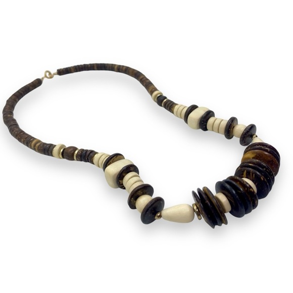 Two-tone Wood Bead Necklace w. Gold Tone Spacers - Picture 4 of 7